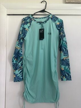 Salt Life Aqua Rash Guard Dress with Tropical Blue Sleeve Print